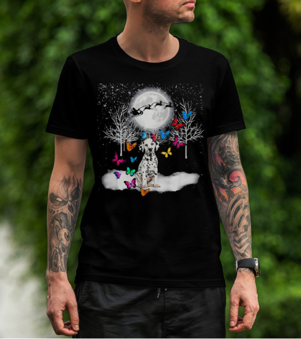 Dalmatian In Winter Wonderland With Colorful Christmas Butterflies And Santa T-Shirt