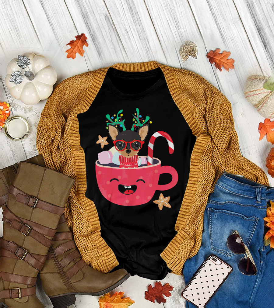 Chihuahua in Red Teacup with Reindeer Antlers and Candy Cane Holiday T-Shirt