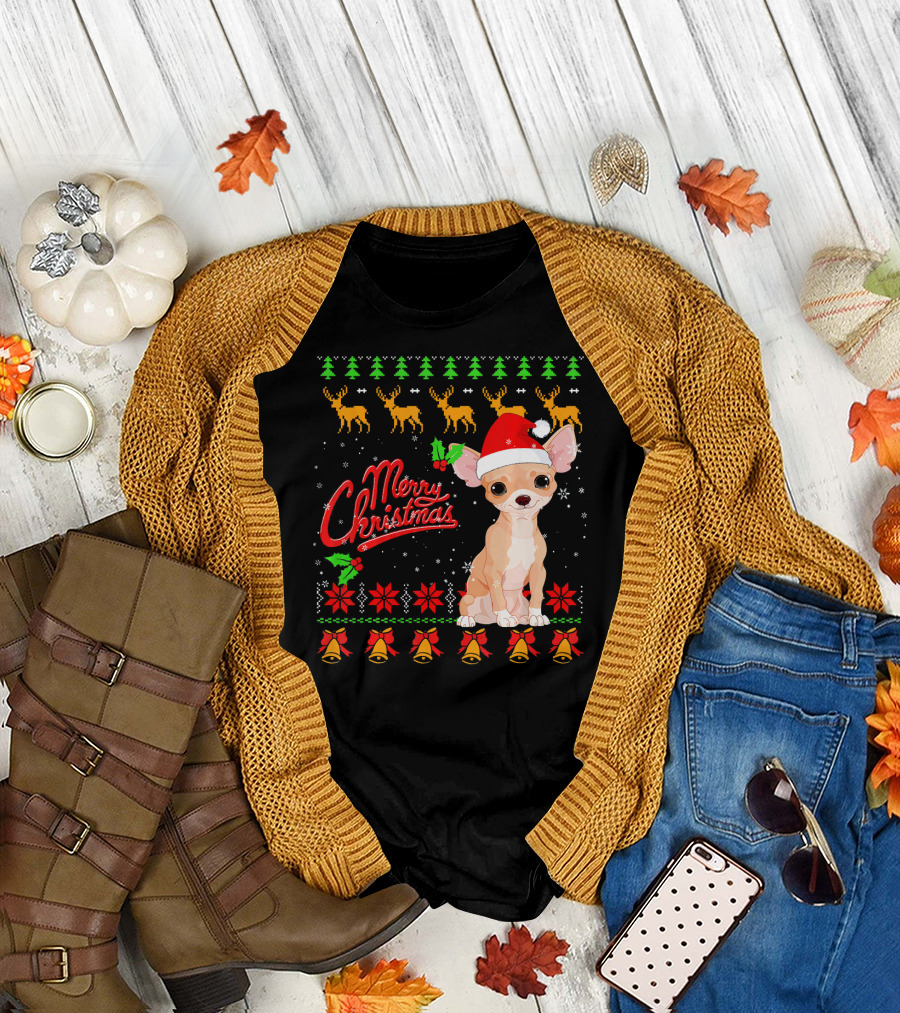 Merry Christmas Chihuahua Santa Hat Reindeer Holiday T-Shirt