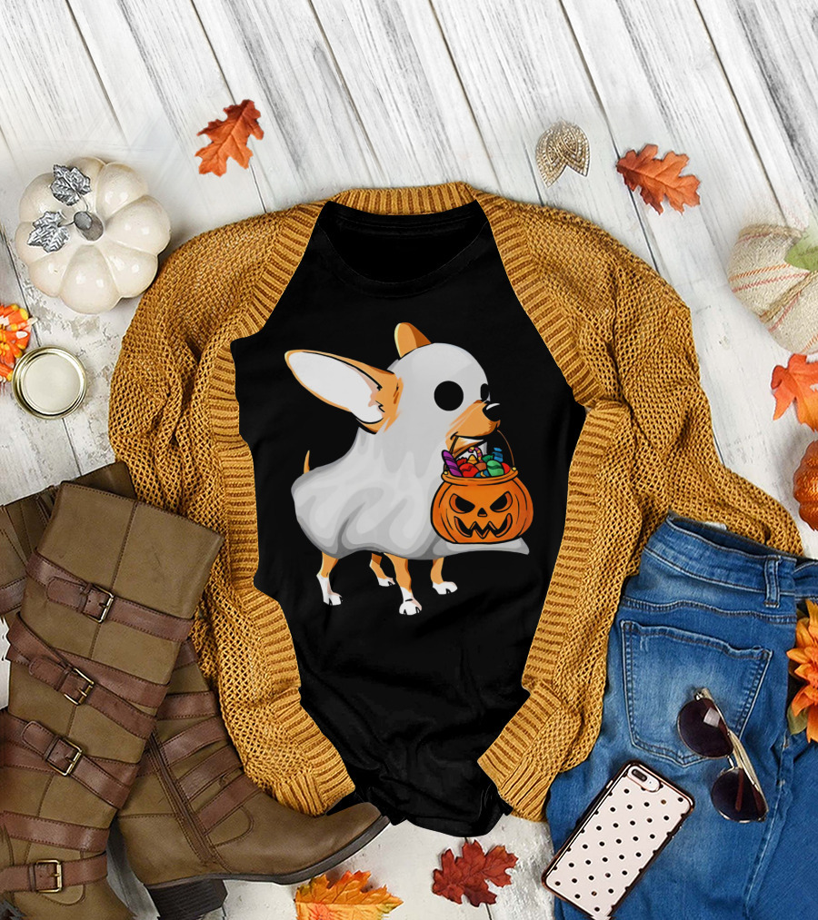 Chihuahua Ghost Halloween Candy Pumpkin Basket T-Shirt