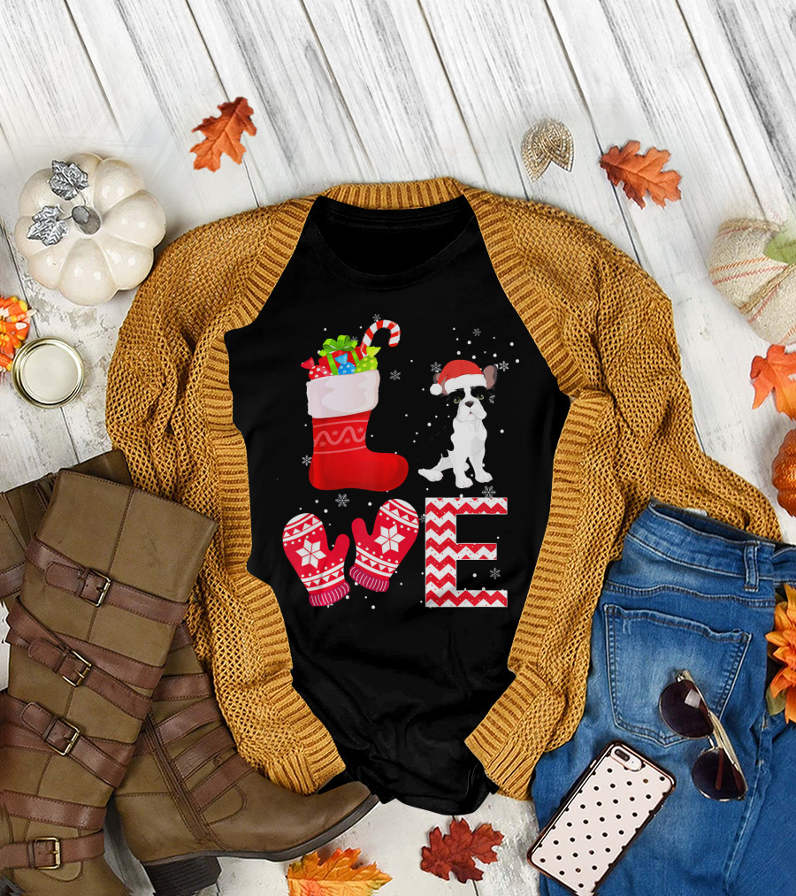 Christmas French Bulldog Lover Stocking Mittens Snowflakes T-Shirt