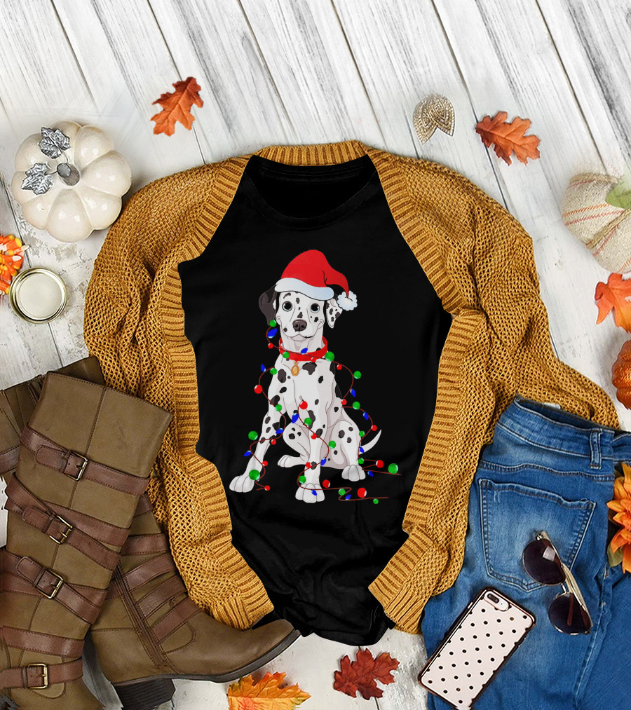 Dalmatian Puppy Wrapped in Colorful Christmas Lights Wearing Santa Hat T-Shirt