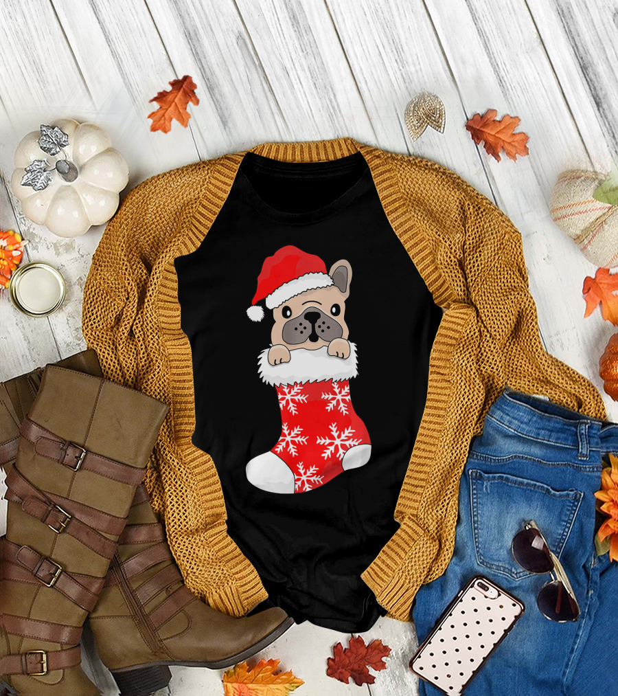 French Bulldog in Santa Hat and Red Stocking with Snowflakes T-Shirt