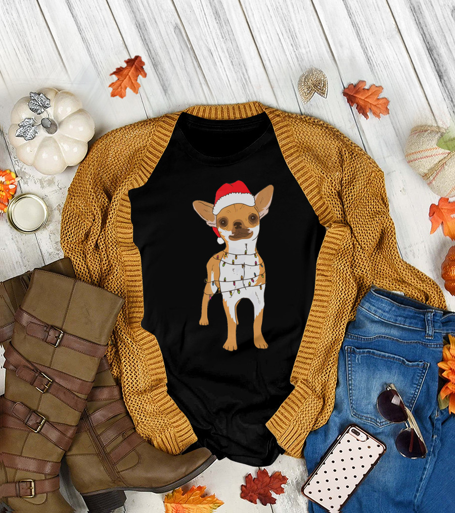 Chihuahua Christmas Xmas Santa Hat Lights T-Shirt