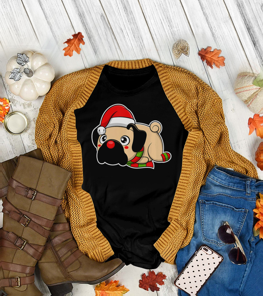Christmas Pug Puppy with Santa Hat and Scarf T-Shirt