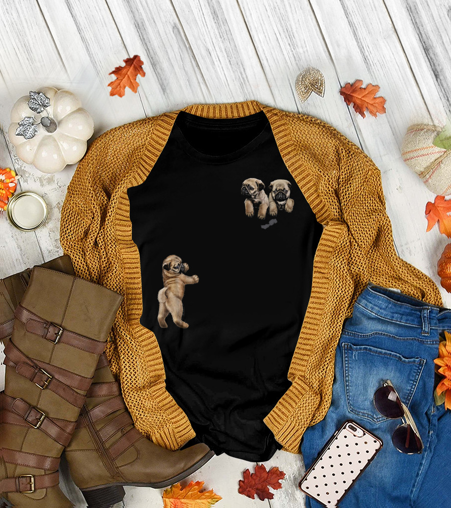 Cute Pug Puppies Sleepy Hang Out in Pocket Dog T-Shirt