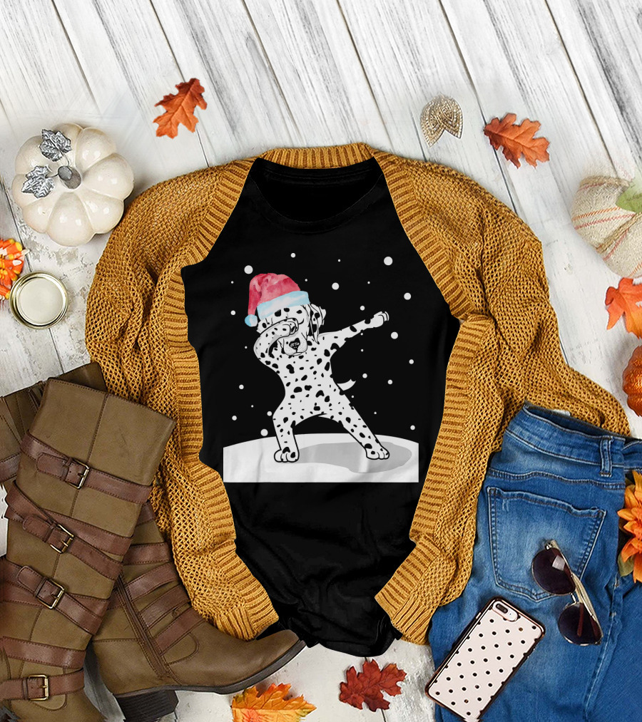 Santa Hat Dabbing Dalmatian Funny Dab Dance Snowfall T-Shirt