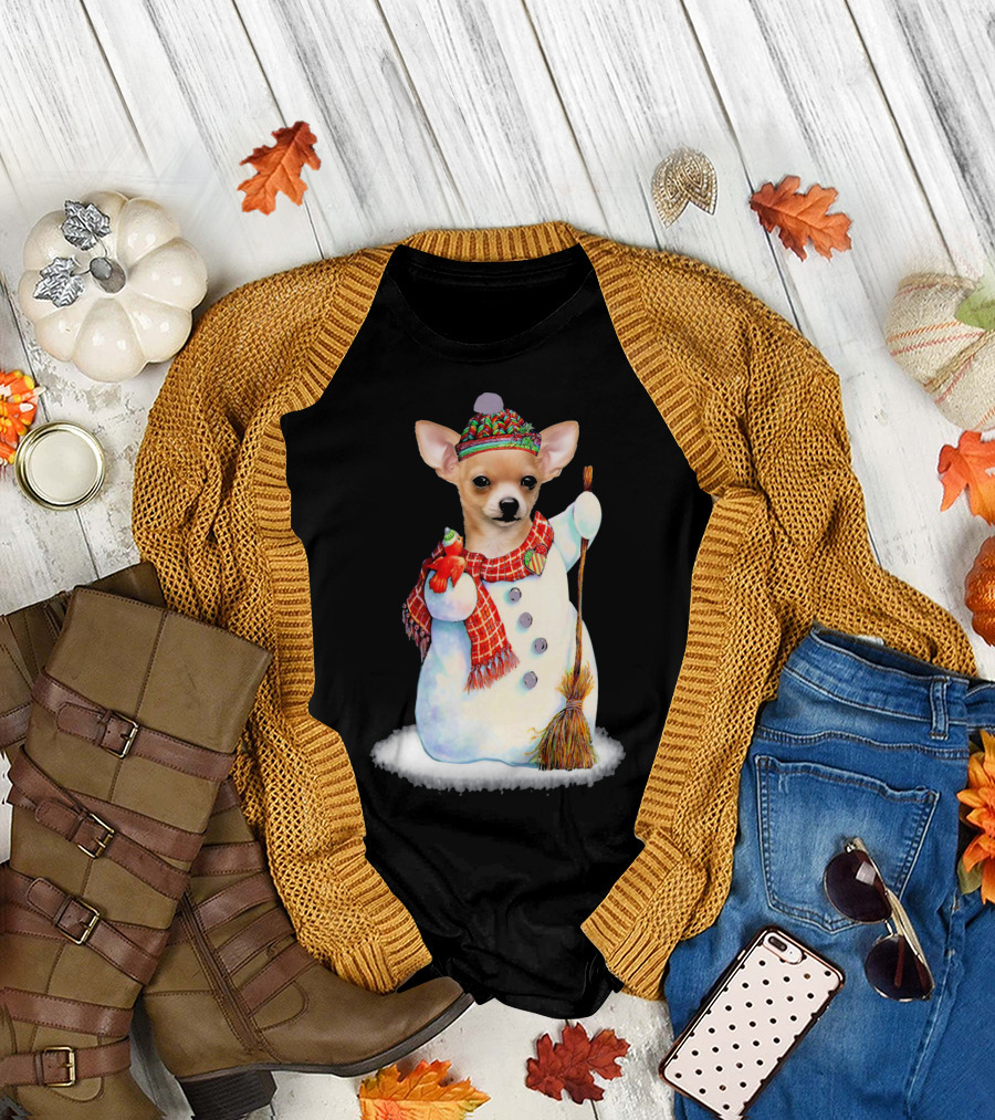 Chihuahua Snowman with Red Scarf and Broom T-Shirt