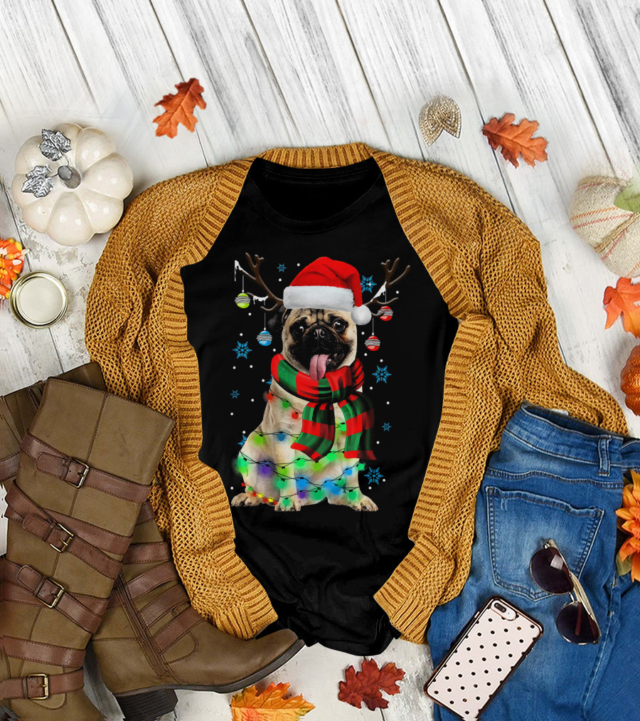 Funny Christmas Pug Dog with Reindeer Antlers and Santa Hat T-Shirt