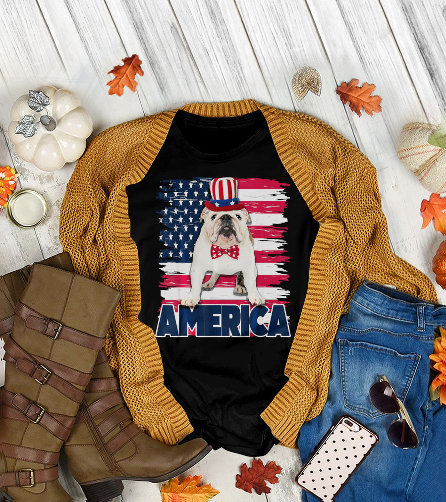 English Bulldog America 4th of July American Flag Hat T-Shirt