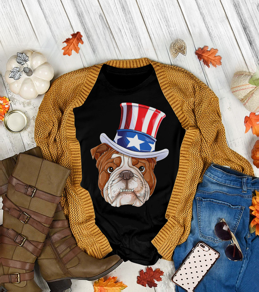 English Bulldog Uncle Sam Patriotic Hat T-Shirt