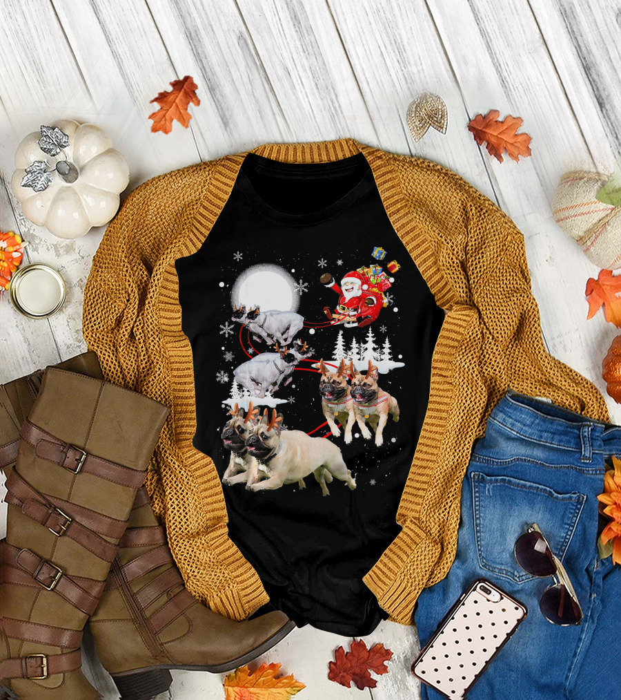 French Bulldog Reindeer Moon Santa Christmas T-Shirt