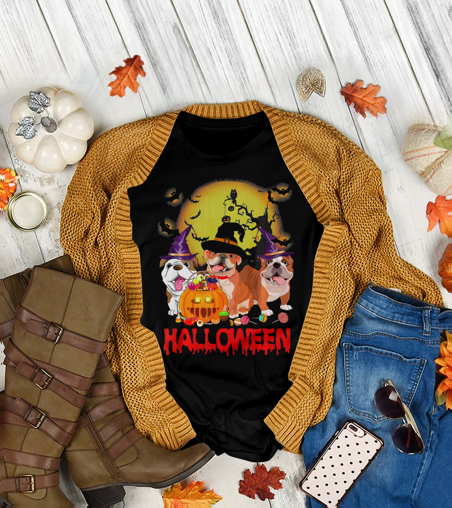 Halloween English Bulldog Witch Moon Pumpkin T-Shirt