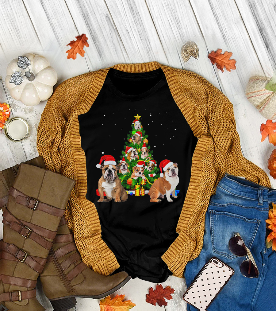 English Bulldog Christmas Tree Santa Hats Holiday Ornaments T-Shirt