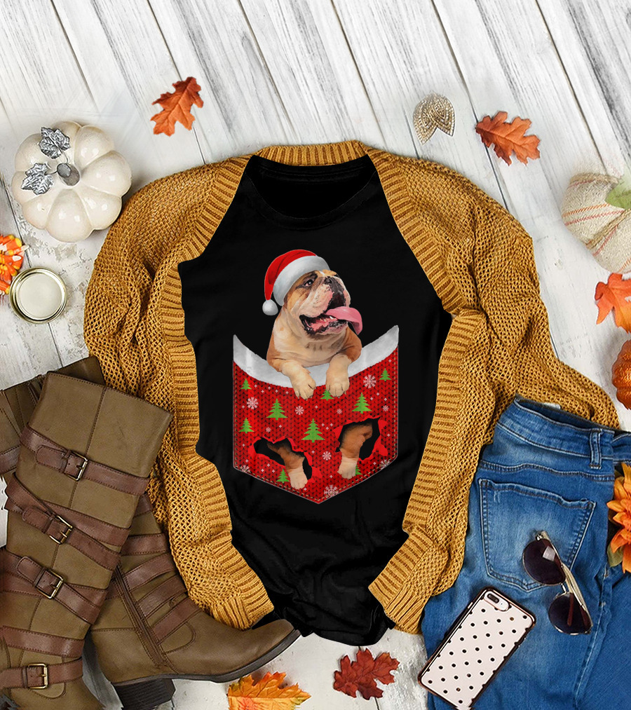 English Bulldog Dog Christmas Santa Hat Festive Pocket T-Shirt