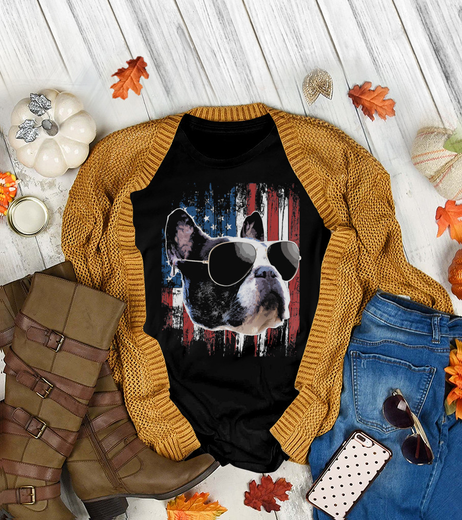 French Bulldog Wearing Sunglasses American Flag Background T-Shirt