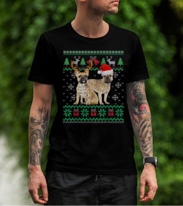 French Bulldog Puppy Ugly Christmas Reindeer And Santa Hat T-Shirt