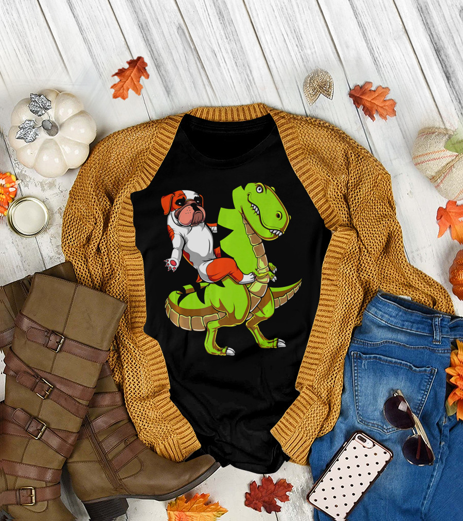 English Bulldog Riding T-Rex Dinosaur T-Shirt