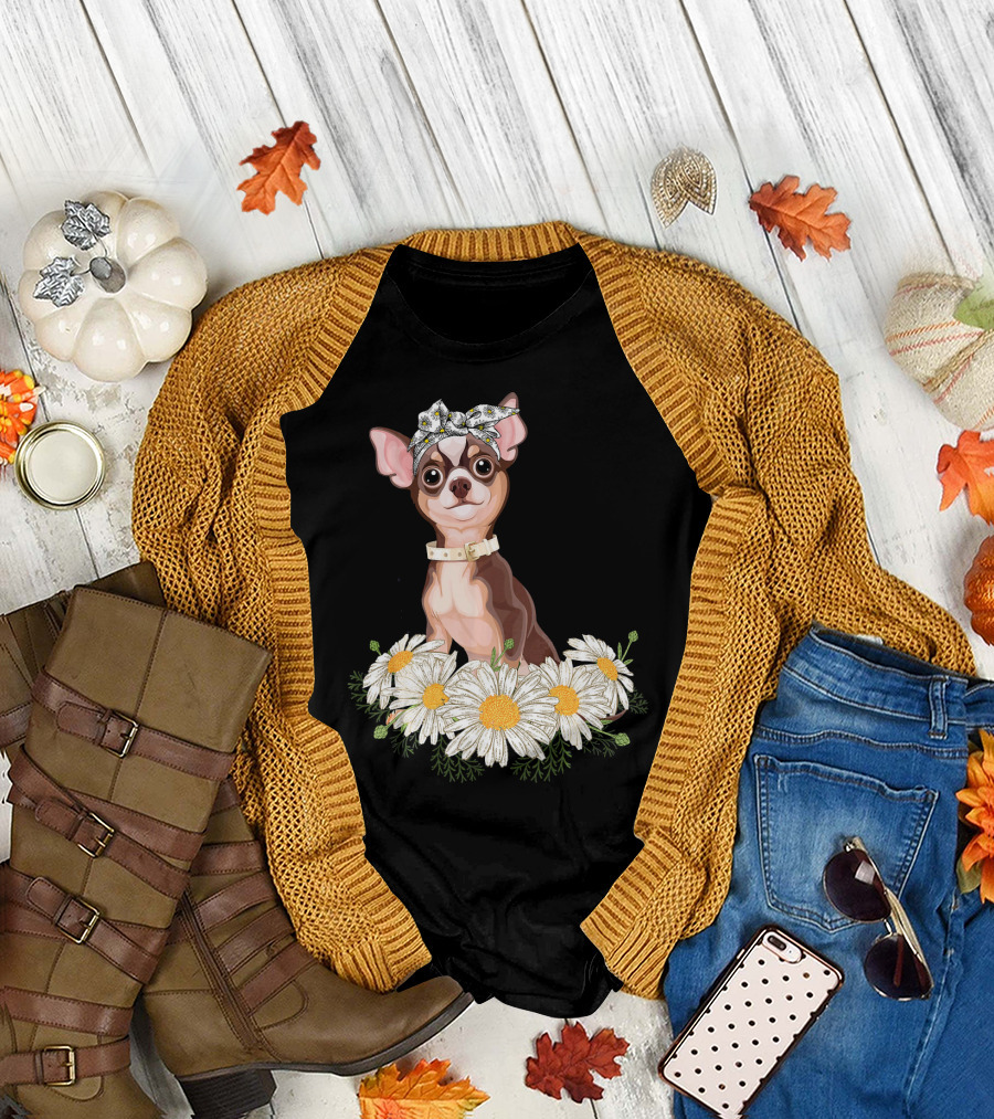 Chihuahua Puppy with Bow and Daisies for Dog Lovers T-Shirt