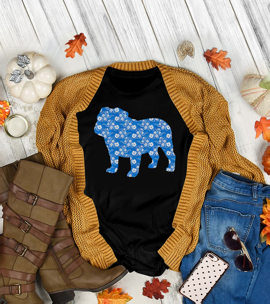English Bulldog Flower Pattern Silhouette Funny Dog T-Shirt