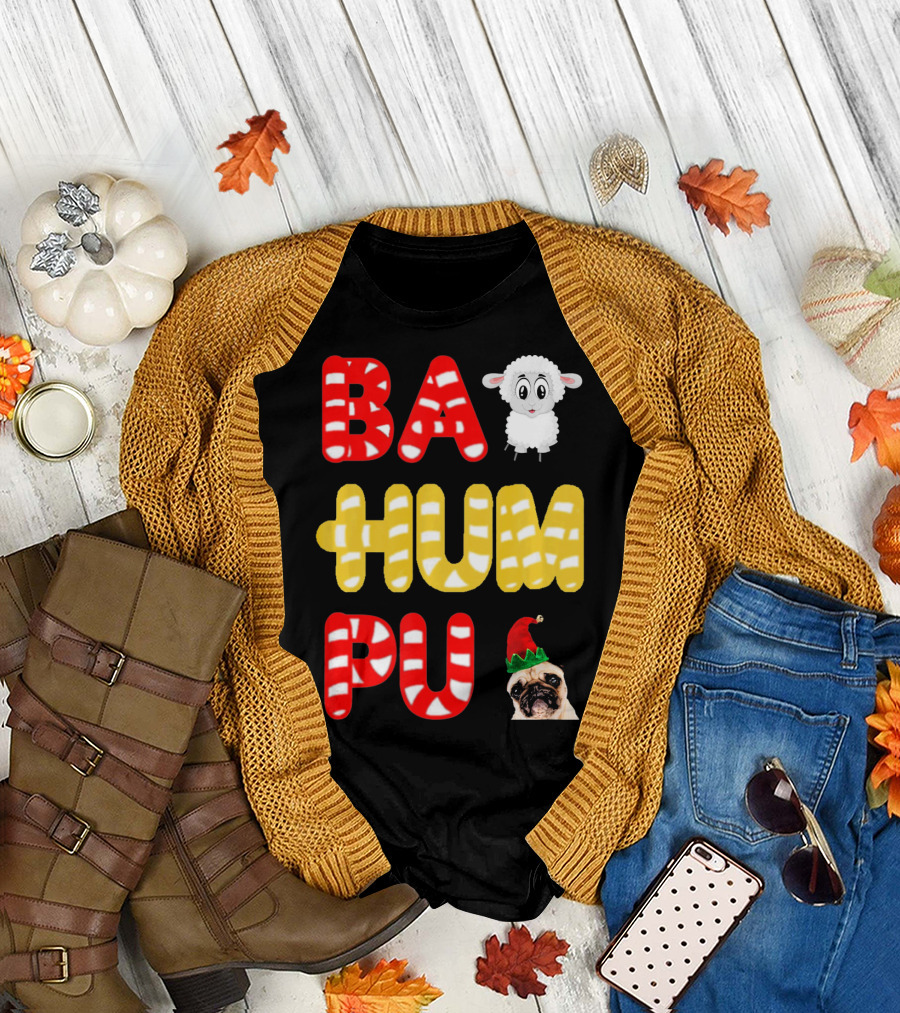 BAA HUM PU Christmas Candy Cane Sheep Pug T-Shirt