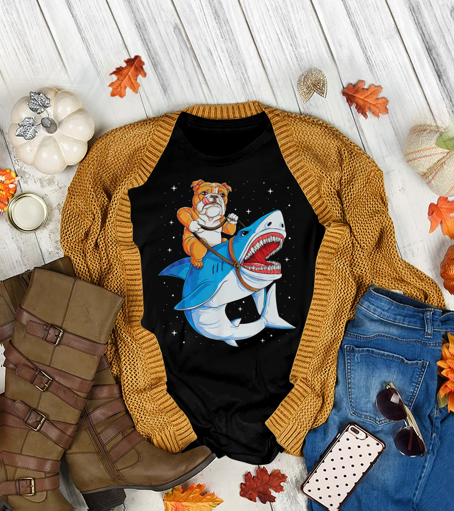 English Bulldog Riding Shark in Outer Space T-Shirt