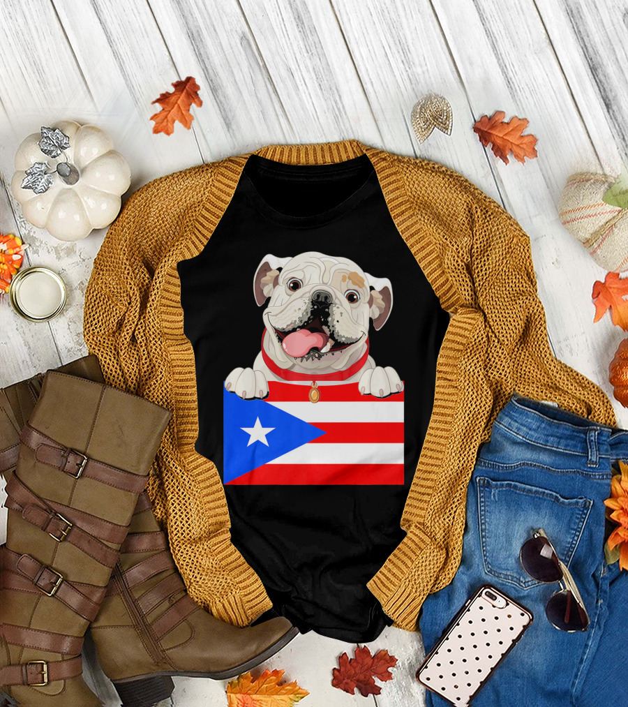 English Bulldog with Puerto Rico Flag T-Shirt