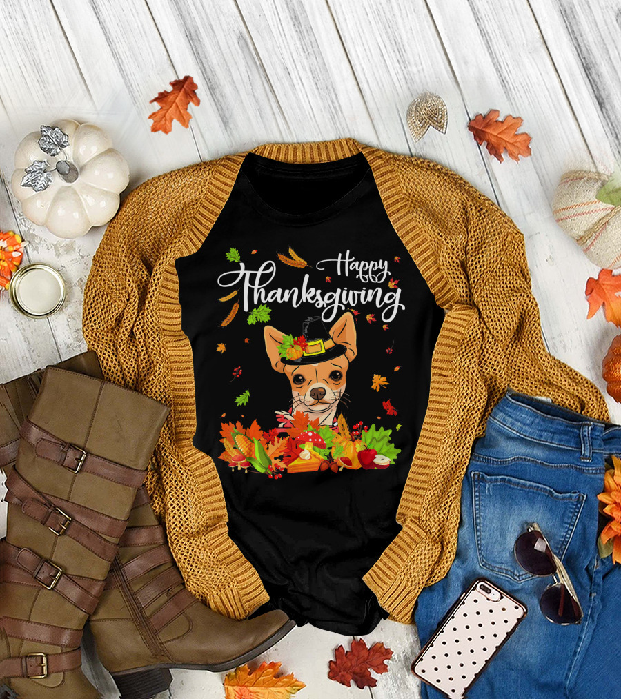 Thanksgiving Chihuahua Hat Vegetables Autumn Leaves T-Shirt