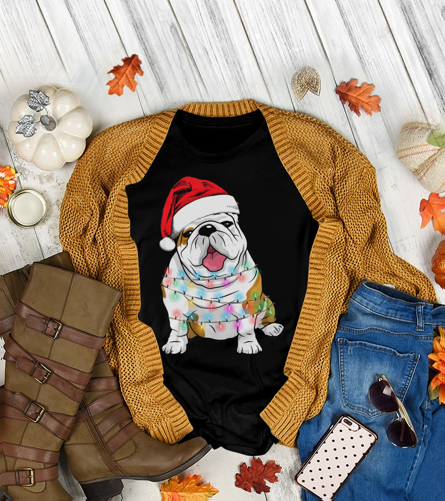 English Bulldog Wrapped in Christmas Lights with Santa Hat T-Shirt