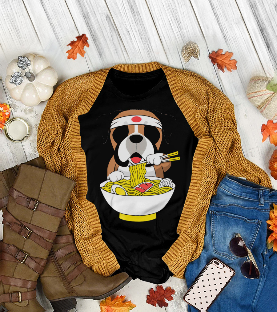 English Bulldog Eating Ramen with Japanese Headband T-Shirt