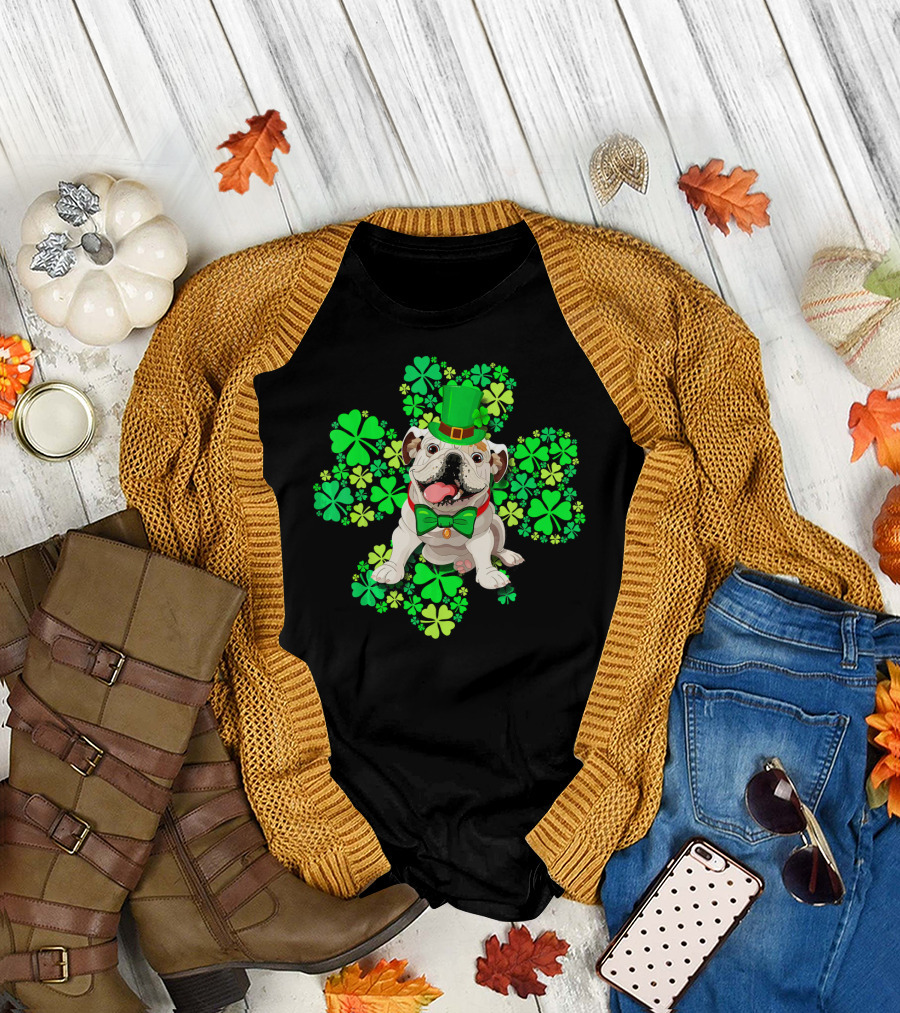 English Bulldog St. Patrick's Day Clover Hat and Bow Tie T-Shirt
