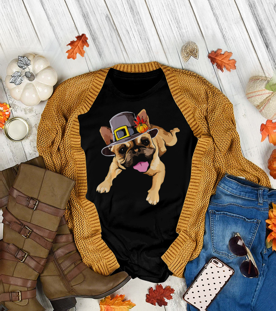 French Bulldog with Pilgrim Hat and Harvest Decor for Dog Lover Happiness T-Shirt