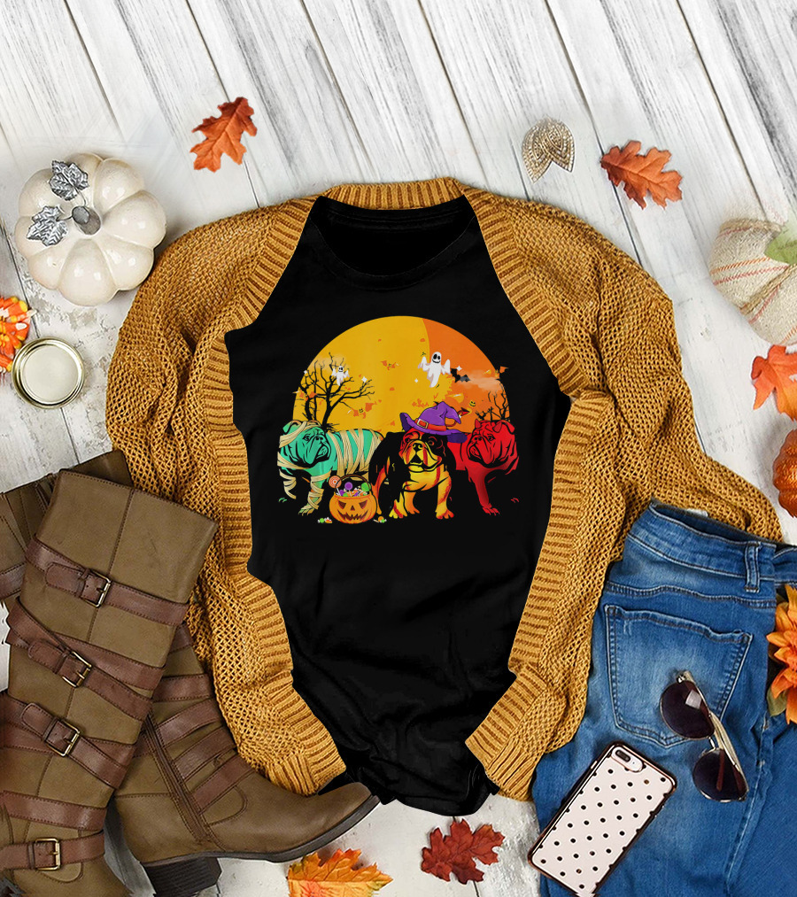 English Bulldog Halloween Ghosts and Witch Costumes with Pumpkin Candy T-Shirt
