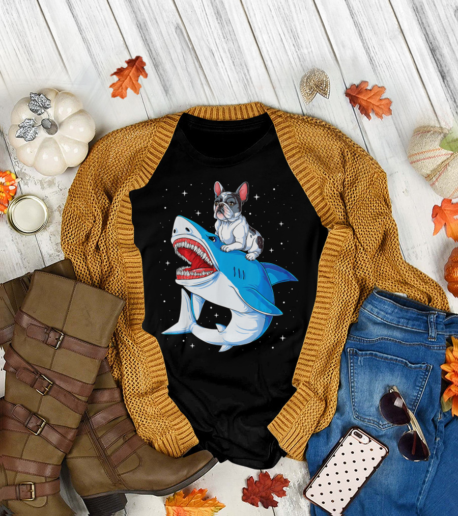 French Bulldog Rides Space Shark T-Shirt