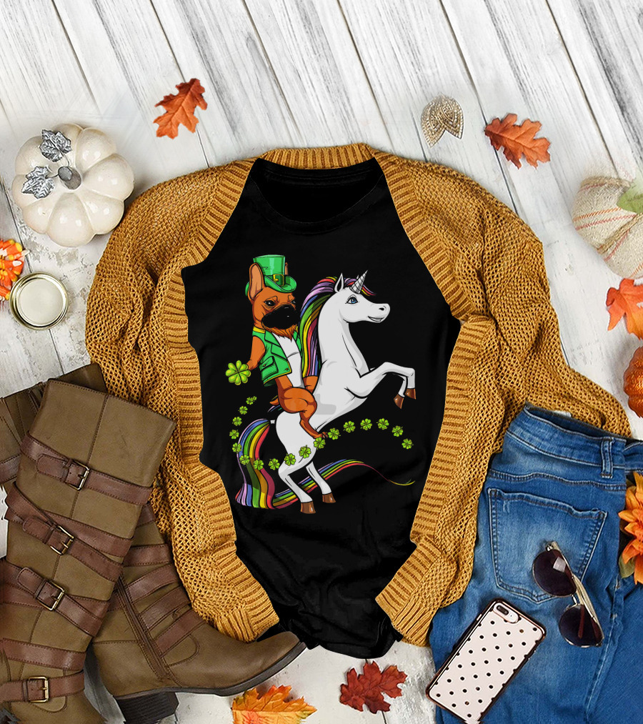French Bulldog Leprechaun with Shamrocks Riding Rainbow Unicorn T-Shirt