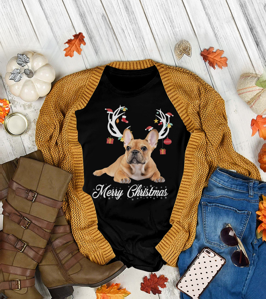 French Bulldog Merry Christmas Reindeer Antlers T-Shirt