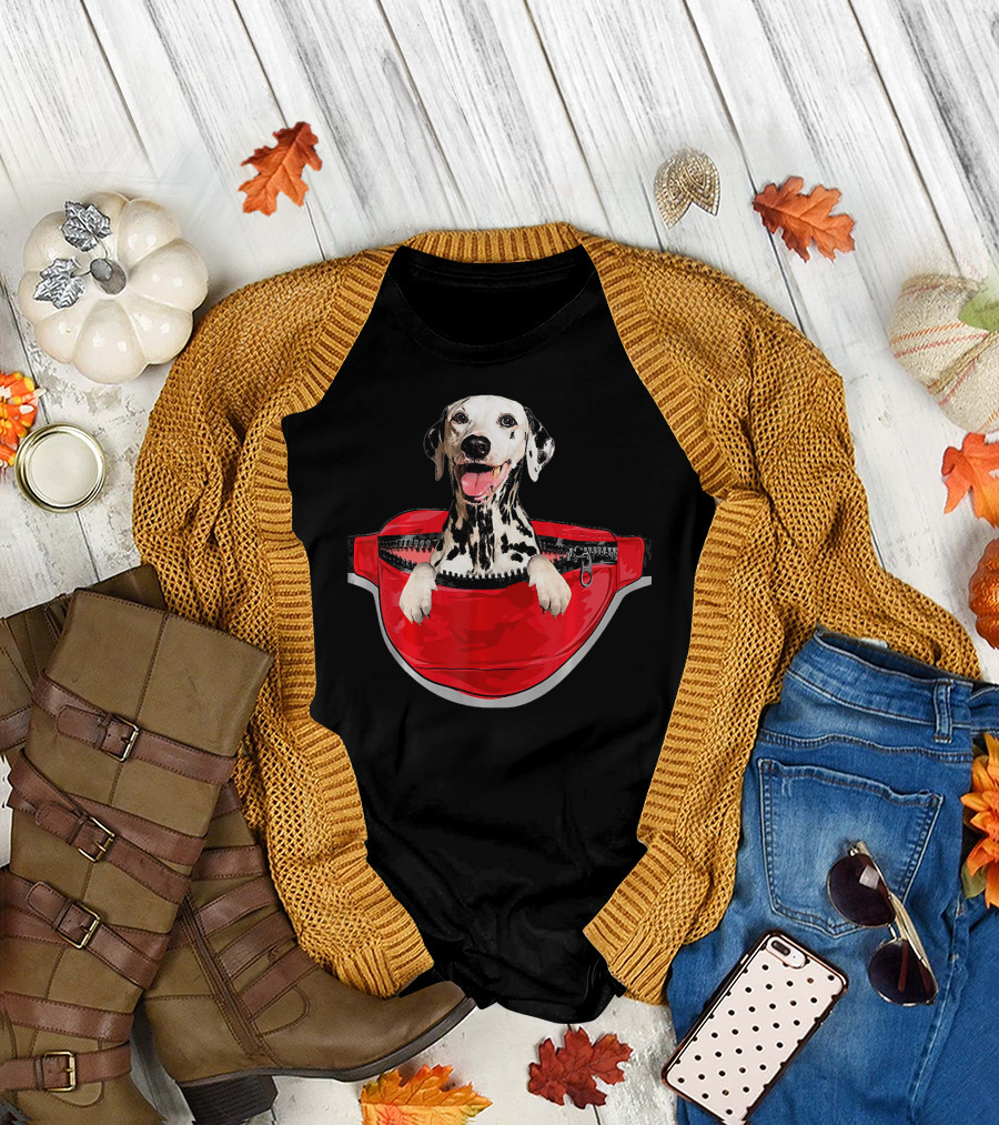Funny Dalmatian Dog in Red Waist Pack Pocket T-Shirt
