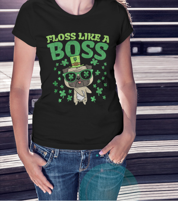 Floss Like A Boss Pug St. Patrick's Day Clover Hat Glasses T-Shirt