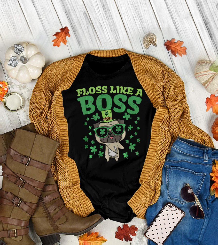 Floss Like A Boss Pug St. Patrick's Day Clover Hat Glasses T-Shirt