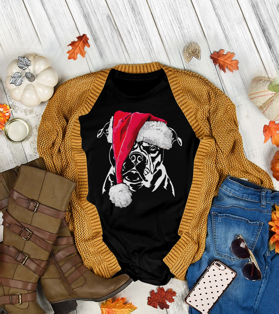 Funny Olde English Bulldog with Santa Hat T-Shirt
