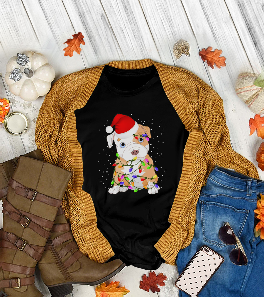 English Bulldog Santa with Christmas Lights T-Shirt