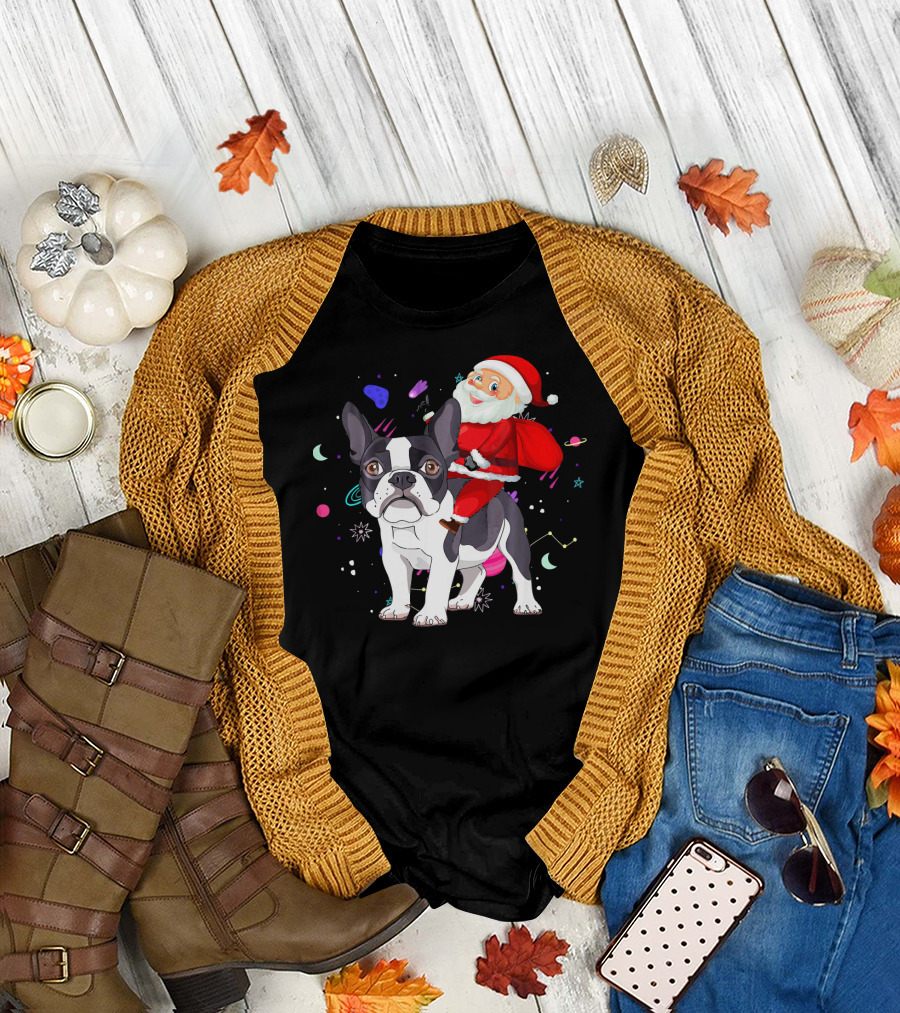 Funny Christmas Santa Riding French Bull with Cosmic Background T-Shirt