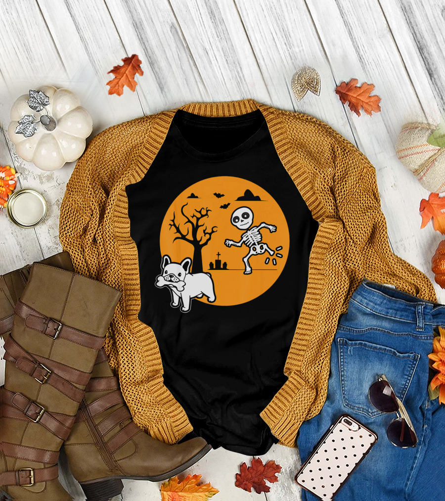 French Bulldog Bone Halloween Skeleton Scene T-Shirt
