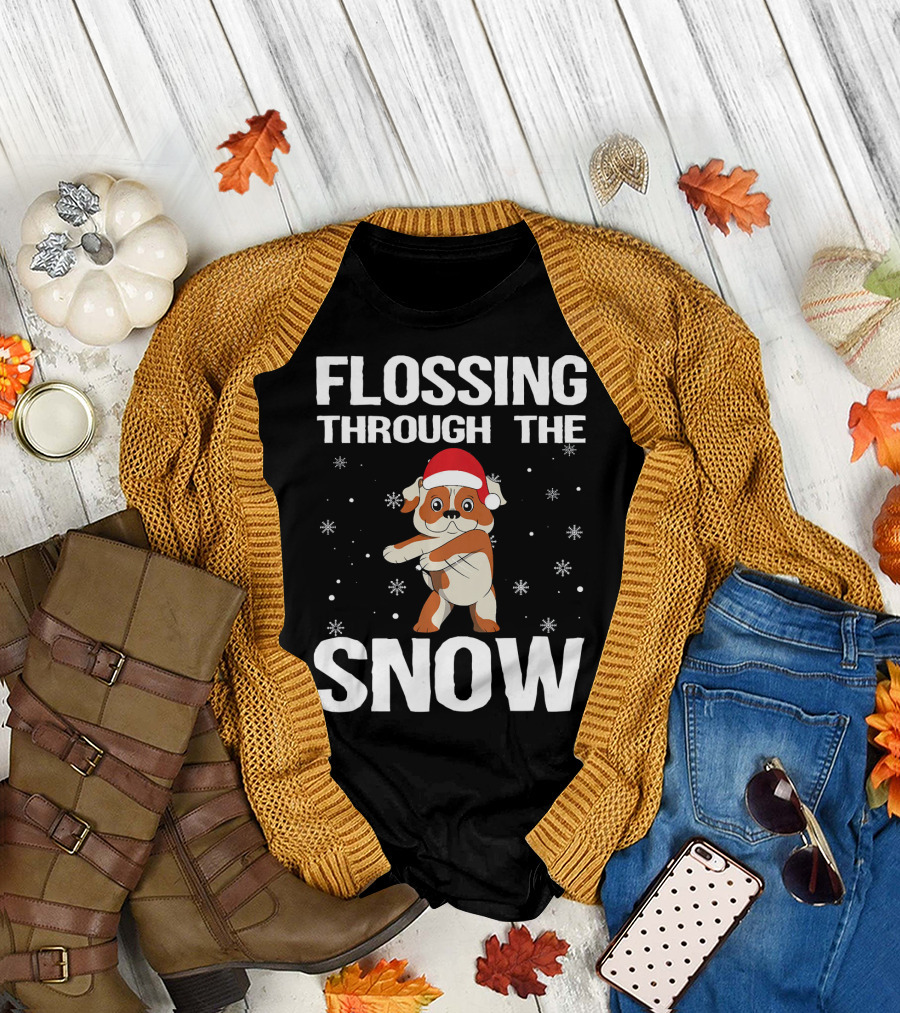 Flossing Through the Snow English Bulldog Xmas Santa Hat T-Shirt