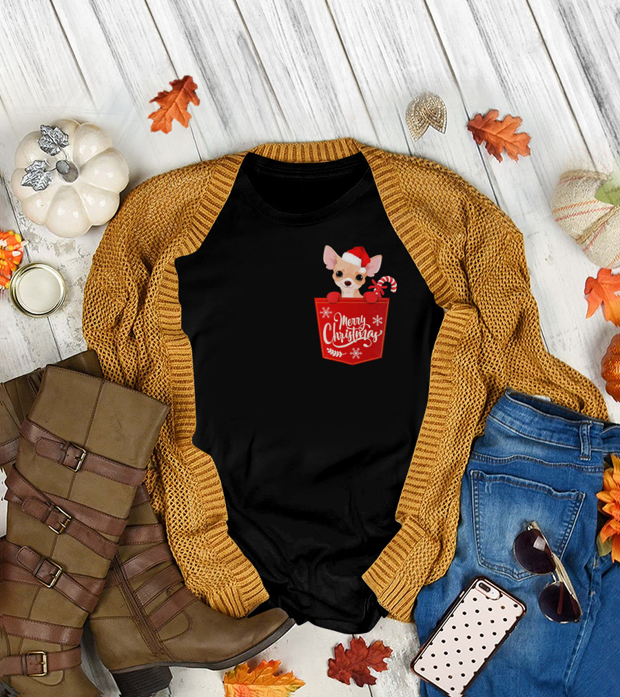Chihuahua Dog Merry Christmas Pocket Santa Hat Candy Cane T-Shirt