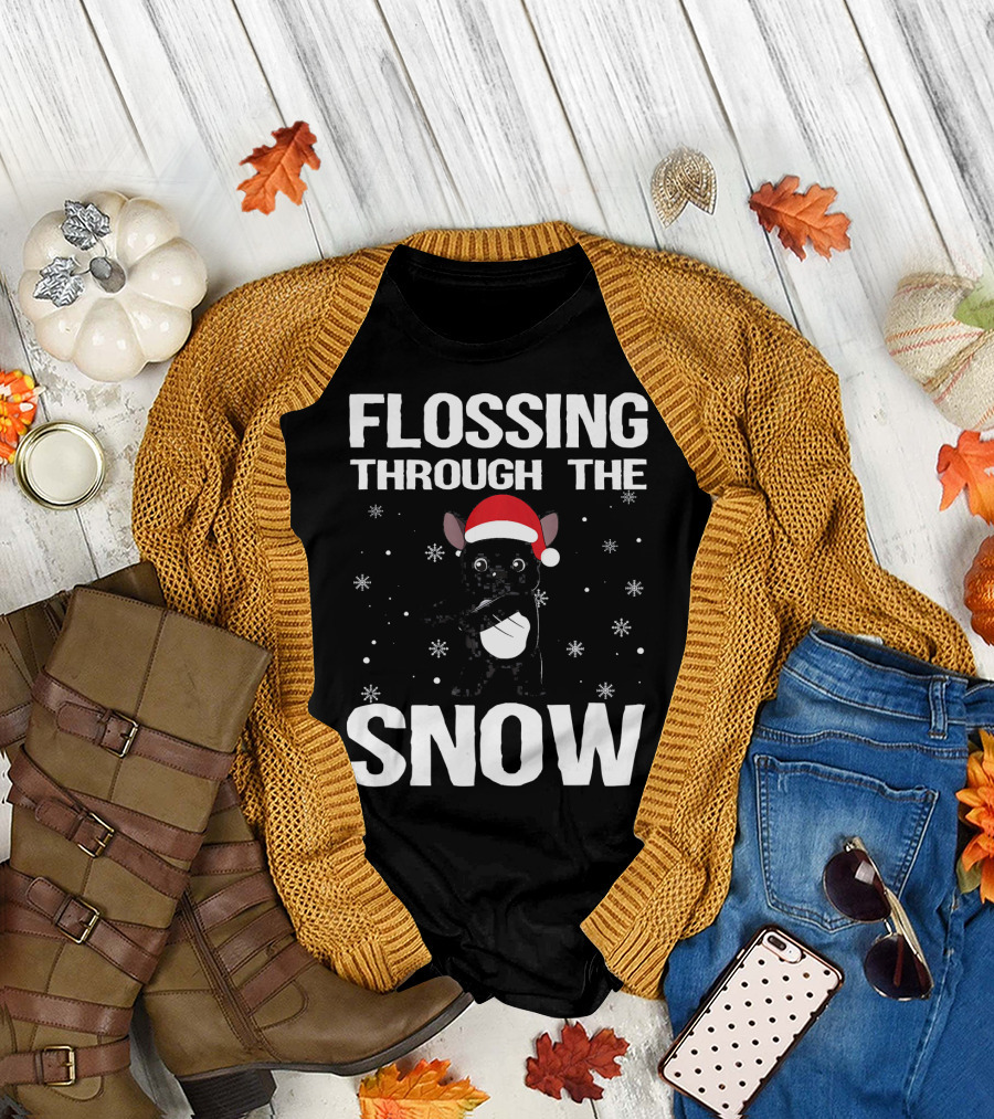 FLOSSING THROUGH THE SNOW French Bulldog Xmas Santa Hat T-Shirt