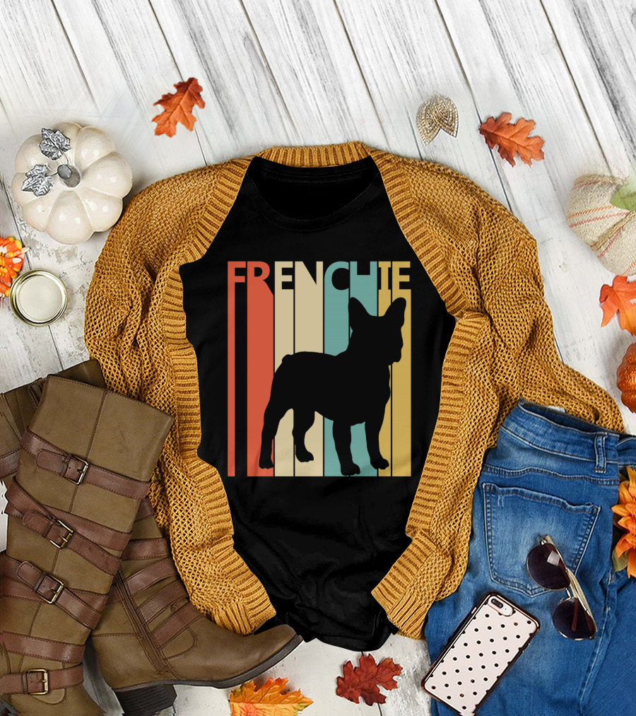FRENCHIE French Bull Silhouette Retro Stripes T-Shirt