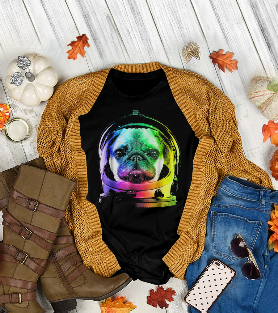 Pug Astronaut in Rainbow Space Helmet T-Shirt