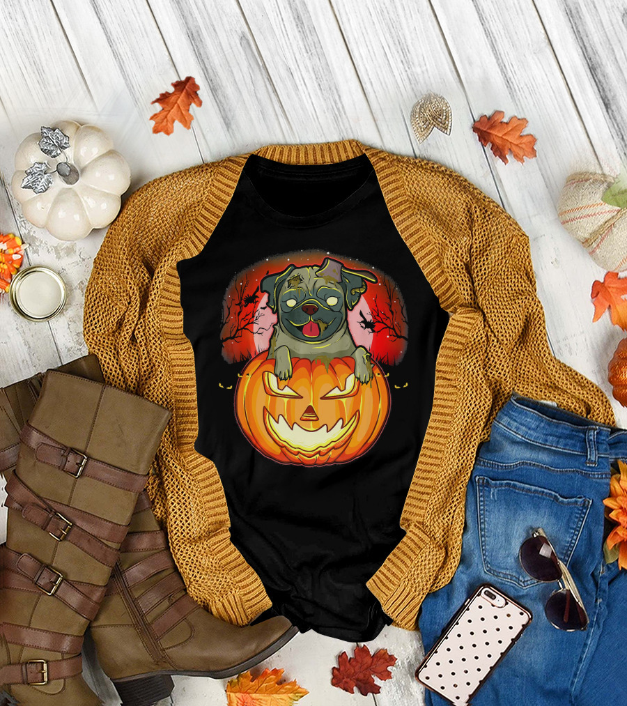 Halloween Pug Zombie Jack O Lantern Dog with Haunted Night Background T-Shirt