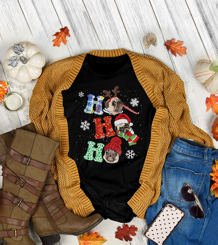 Ho Ho Ho Funny Pug Christmas Xmas Dog with Antlers Santa Hat and Scarf Snowflakes T-Shirt
